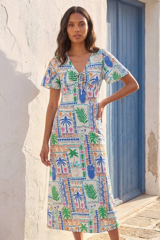 Image of Roman Womens Postcard Print Tie Front Midi Dres in White Size: 18 White Female 18