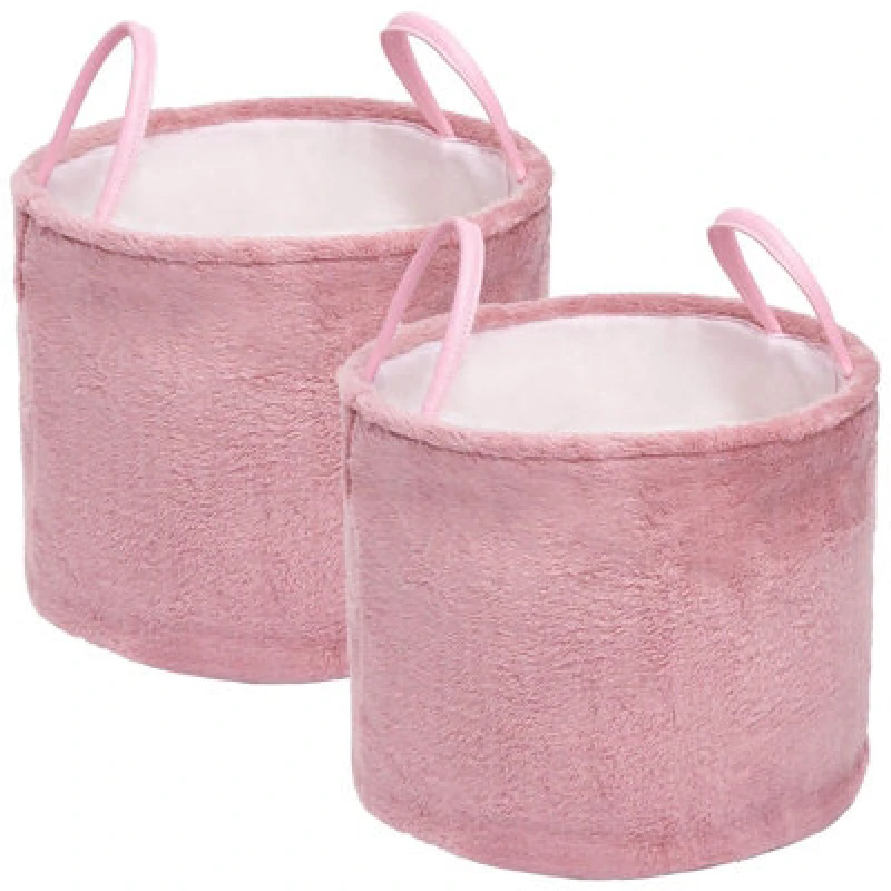 Image of OHS OHS 2 x Teddy Fleece Storage Hamper Handles Home Laundry Basket in Light Pink Light Pink One Size Unisex 5027434150571