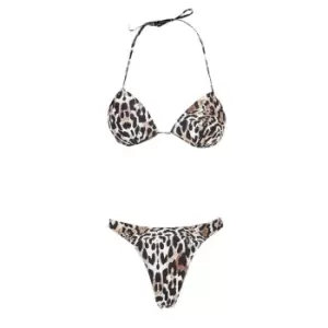 image of Missguided Leopard Print Triangle Bikini Top and High Leg Bottom Bikini Set - Multi