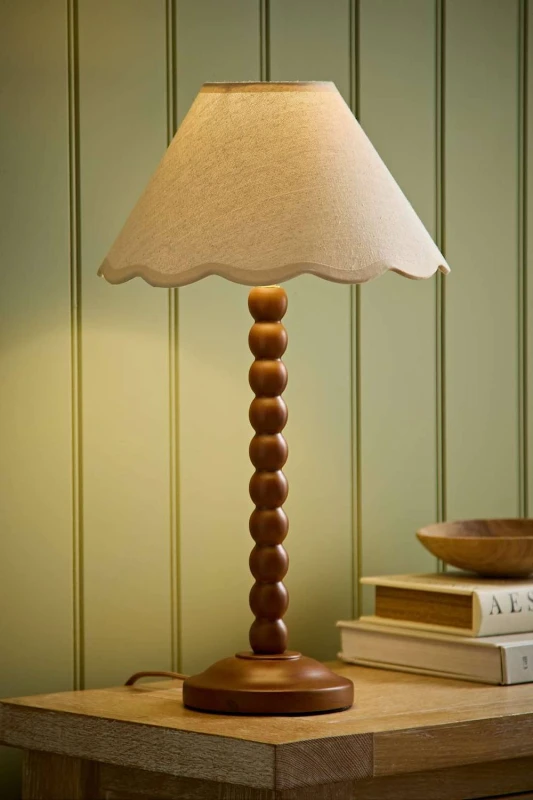 Image of ValueLights Bobbin Colour Trim Linen Shade Walnut Bobble Table Lamp in Cream Cream Unisex