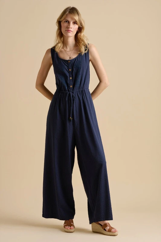 Image of Brakeburn Womens Embroidery Drawstring Tie Jumpsuit in Navy Size: 10 Navy Female 10