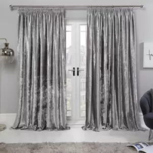 Image of Sienna Crushed Velvet Pair Of Pencil Pleat Curtains Silver - 66" X 54"
