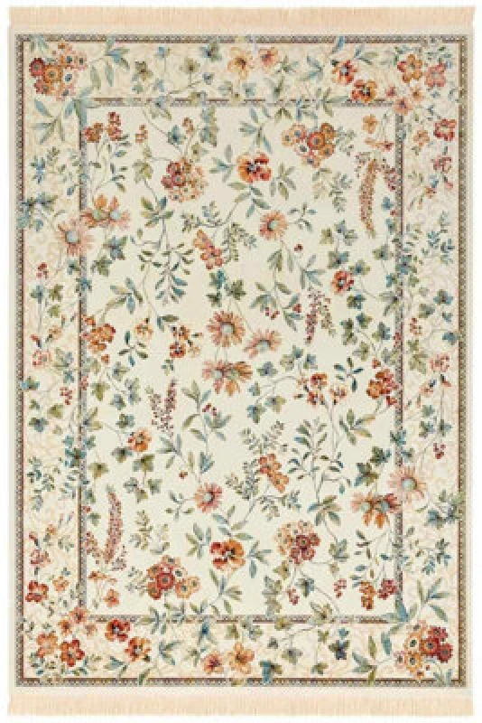 Image of The Rugs Oriental Velvet Floral Vintage Fringed Soft Pile Living Room Rug In Cream