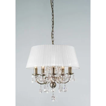 Image of Olivia pendant light with white lampshade 5 bulbs antique brass / crystal