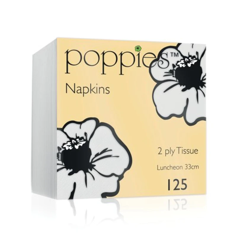 Image of Poppies 2-Ply Tissue Napkins Luncheon 4 Fold White 33cm (125 Pack) 3324WH