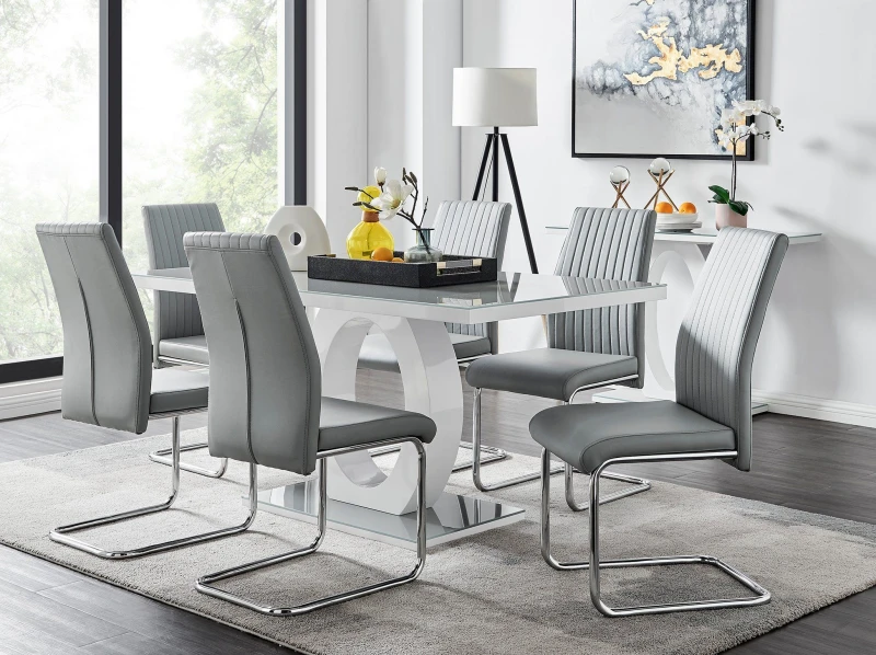 Image of FurnitureboxUK FurnitureboxUK Giovani 6-Seater Grey Glass Dining Table and 6 Lorenzo Faux Leather Dining Chairs Grey One Size Unisex 5056542651175