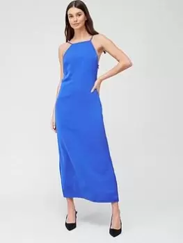 Image of Calvin Klein Halter Neck Low Back Midi Dress - Blue Size 36, Women