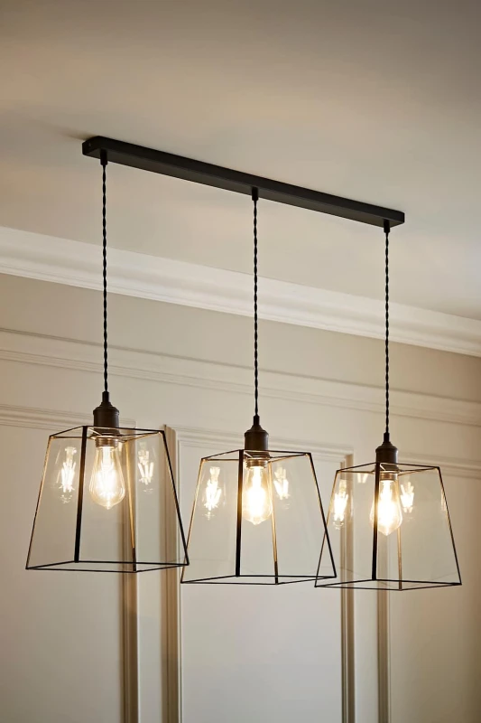 Image of ValueLights ValueLights Susie Glass Lantern Lamp Shade 3 Drop Diner Ceiling Pendant Light in Black One Size Unisex 5059406062582