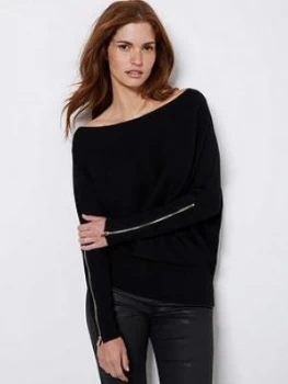 Image of Mint Velvet Zip Cuff Batwing Jumper - Black, Size XS, Women