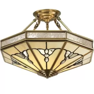 image of Luxury Semi Flush Ceiling Light Antique Brass & Tiffany Stained Glass Pattern