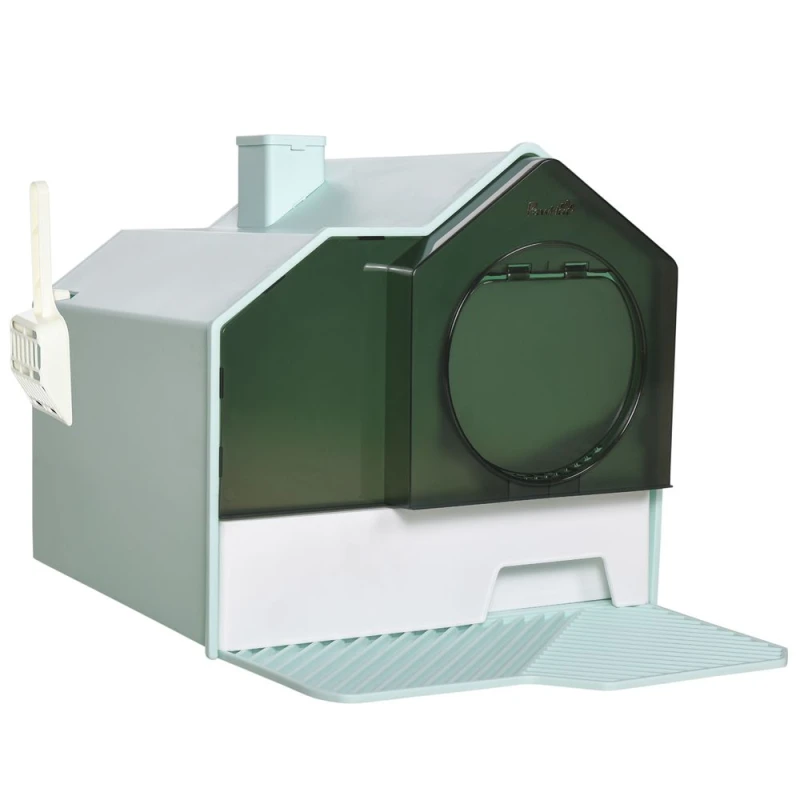 Image of PawHut Hooded Cat Litter Tray w/ Scoop, Drawer Pan Handle, Blue D31-077V00LB