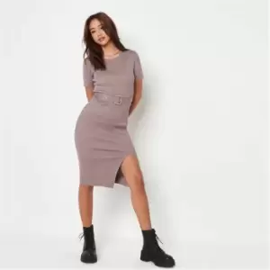 Missguided Rib Self Belted Knit Midaxi Dress - Brown