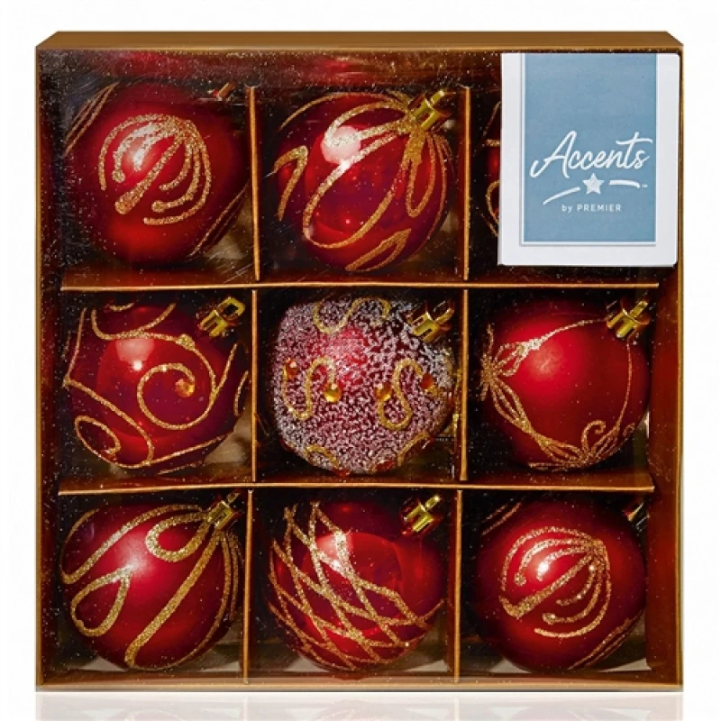 Image of Premier Decorations 9 x 60mm Decorated Balls, Red