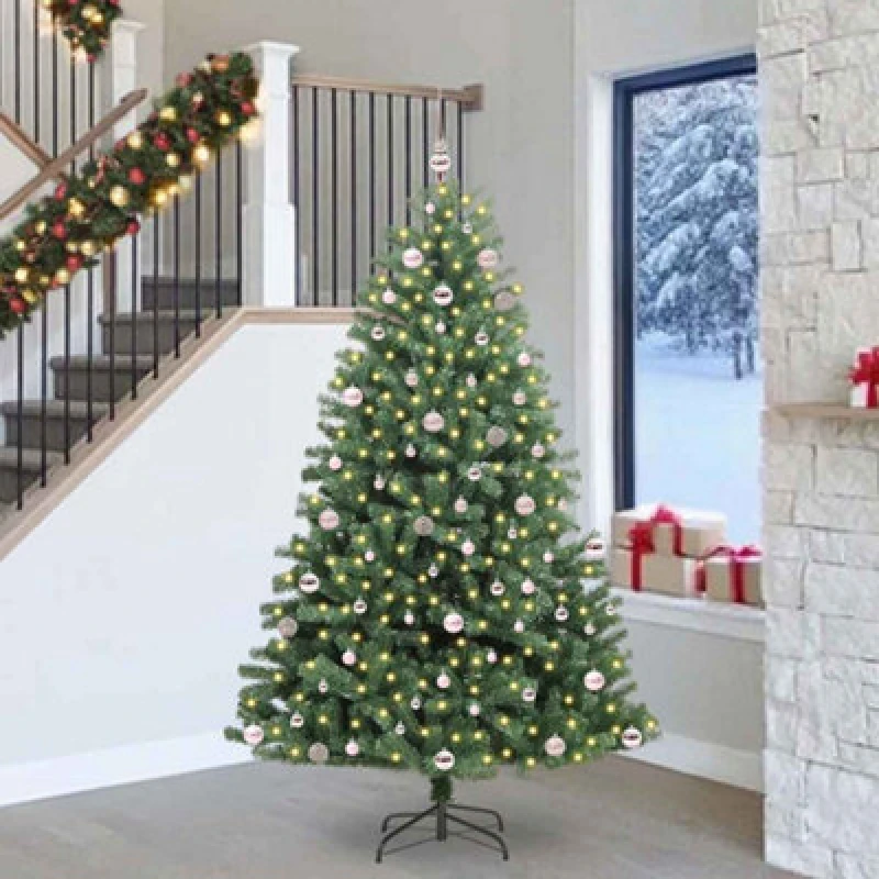 Image of vidaXL Artificial Hinged Christmas Tree, Pink Balls Green 240cm PVC and Metal, Green 3395507