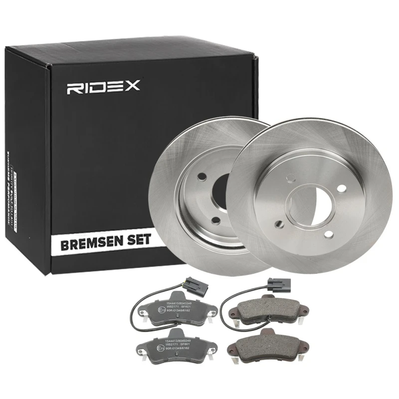 Image of RIDEX 3405B0149 Brake disc and pads set Rear Axle, Brake Disc Type: Vented, incl. wear warning contact Brake Set,disc brakes (3405)
