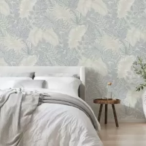 image of Superfresco Easy - Scattered Leaves Floral Duck Egg Blue Wallpaper - White