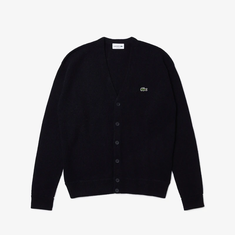 Image of Mens Lacoste Relaxed Fit Tone-on-Tone Buttons Wool Cardigan Size 5 - L Navy Blue