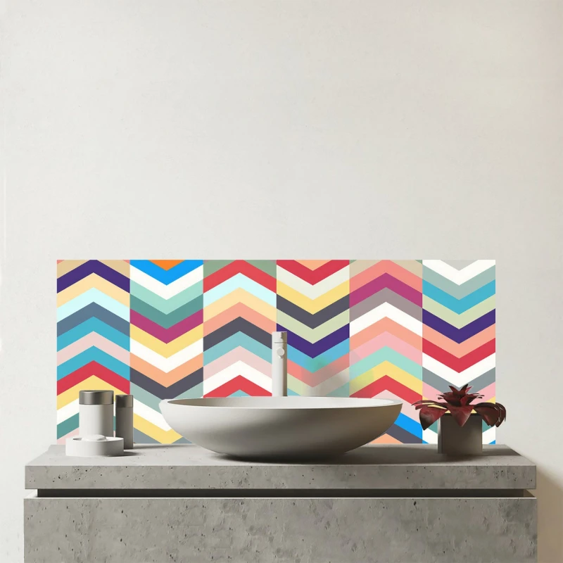 Image of Warren Reed - Designer Geometric Multi Colored Chevron Pattern Glass Bathroom Splashback in Red Red Unisex