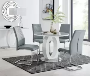 Image of Giovani Round 4 Seat 100cm White High Gloss Unique Halo Base Grey Glass Top Dining Table 4 Soft Faux Leather Lorenzo Chairs