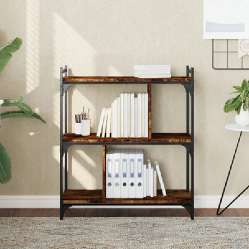 Image of Vidaxl Bookcase 3-tier Smoked Oak 76X32X88cm Engineered Wood, Brown 833932