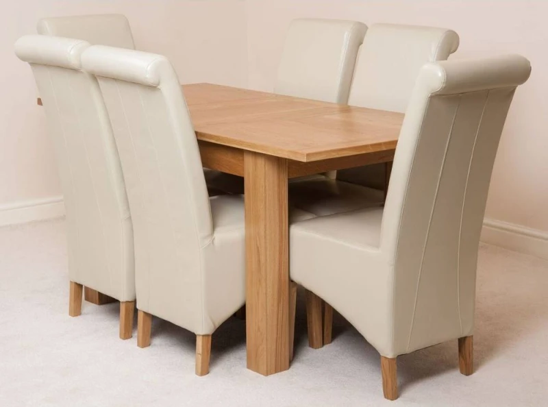 Image of Thats Furniture Hampton 120-160cm Oak Extending Dining Table & 6 Montana Leather Chairs in Cream Cream Unisex