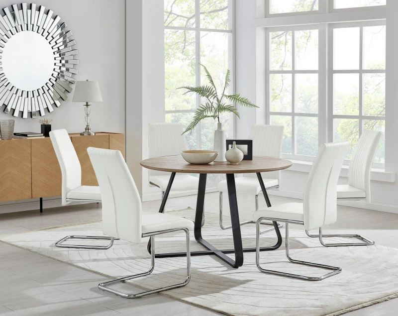 Image of FurnitureboxUK FurnitureboxUK Santorini Brown Wood Effect Dining Table & 6 Black Lorenzo Chairs in Off White Off White One Size Unisex 5056657124175
