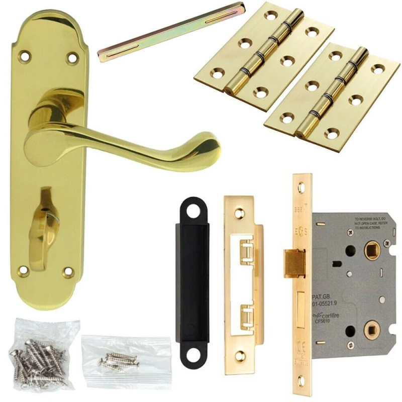 Image of Loops Door Handle & Bathroom Lock Pack Brass Victorian Upturn Thumb Turn Backplate Metallics