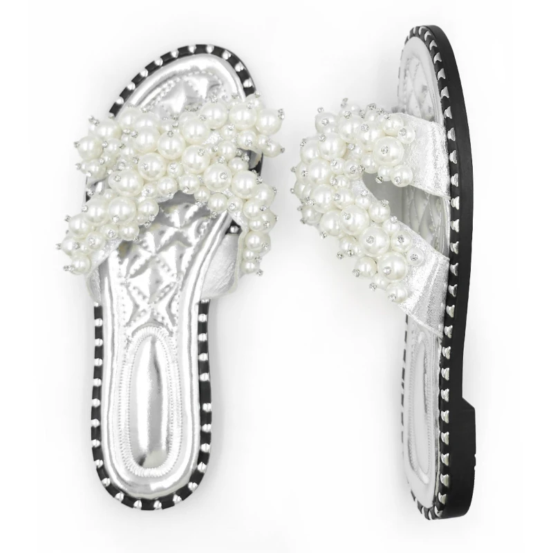 Image of Where's That From 'Eve' Pearl Flat Slider Sandals Silver