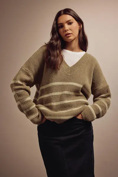 image of Long Tall Sally Tall V-Neck Stripe Jumper Camel