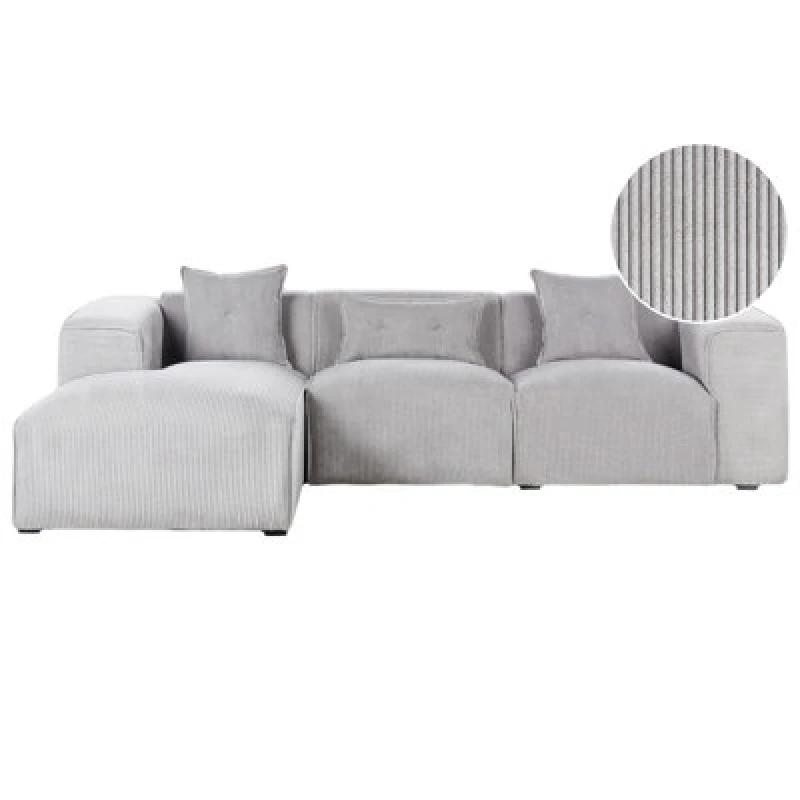 Image of Beliani Corner Sofa 3 Seater Dolva Corduroy Light Grey Right Hand