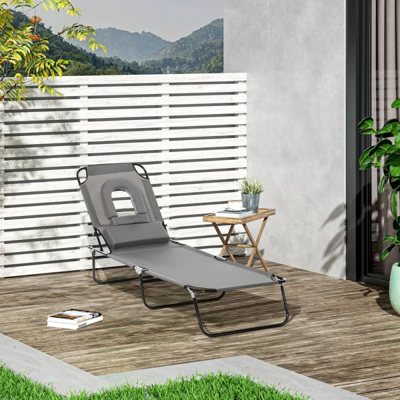 Image of Outsunny Outsunny - Folding Sun Lounger Reclining Chair w/ Pillow Reading Hole Grey 5056399121609