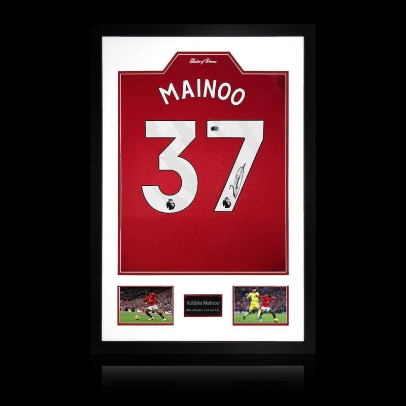 Image of The Fan Cave Kobbie Mainoo Signed Manchester United Premium Fra Red unisex 850x600mm