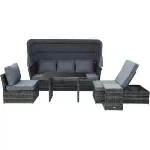 Image of Outsunny - 5 Pcs Outdoor Rattan Reclining Adjustable Canopy Sets w/ Dining Table