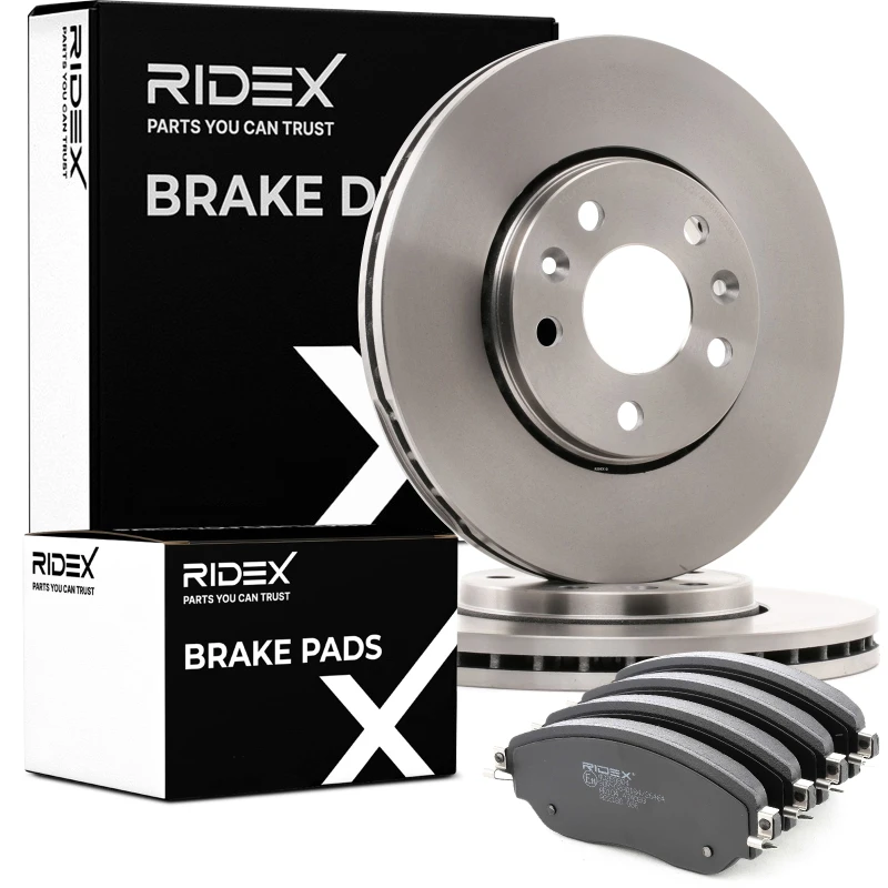 Image of RIDEX 3405B0880 Brake disc and pads set Front Axle, Brake Disc Type: Vented, with acoustic wear warning Brake Set,disc brakes (3405)