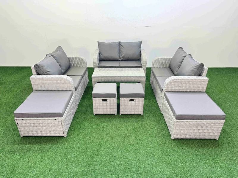 Image of Fimous PE Wicker Rattan Furniture Sofa Sets with Coffee Table Stools in Light Grey Light Grey Unisex