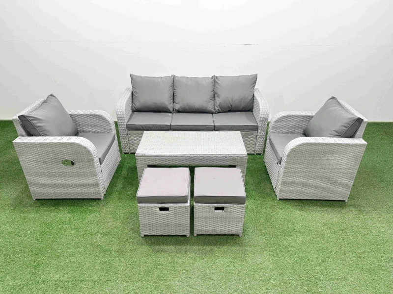 Image of Fimous PE Rattan Garden Furniture Set Reclining Chair Sofa Lounge Sofa Set Rectangular Coffee Table 2 Small Stools Light Grey Light Grey