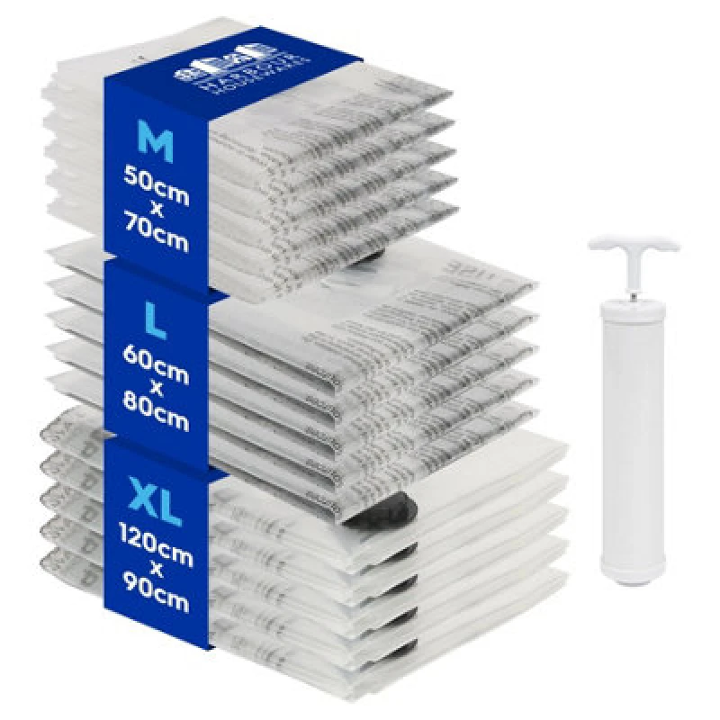 Image of Harbour Housewares 15X Vacuum Storage Bags & Pump Set - 3 Sizes - Reusable Clothes Suction Space Saver Organiser Zip Lock Bag
