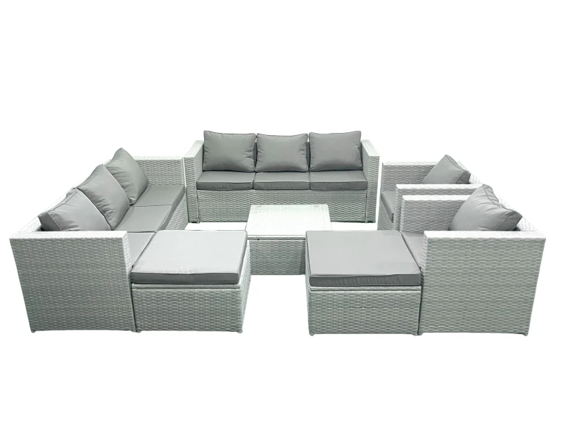 Image of Fimous Outdoor Rattan Sofa Garden Furniture Set with 2 Armchairs Square Coffee Table 2 Big Footstools Light Grey Mixed Light Grey