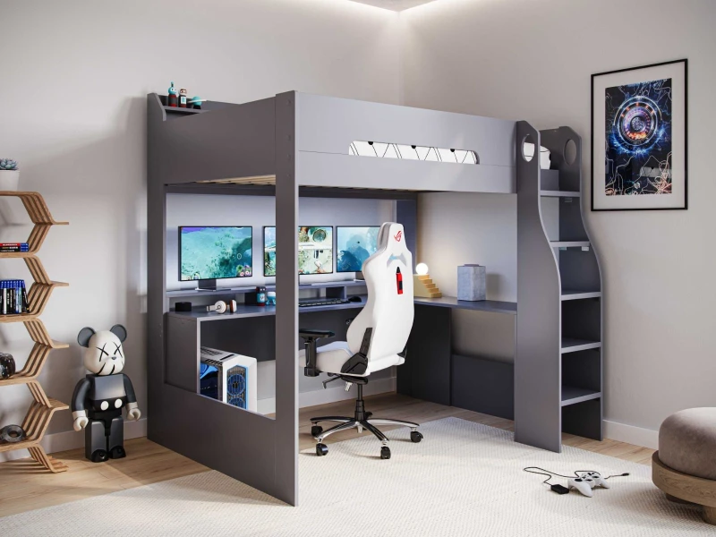 Image of Flair Skyhigh Small Double Gaming High Sleeper Bed in Grey Grey Unisex Small Double