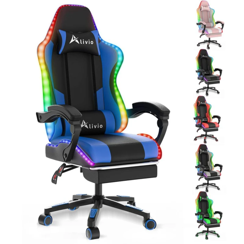Image of Alivio Wireless App Control LED Gaming Chair with Massage Lumbar Cushion in Blue Blue Unisex