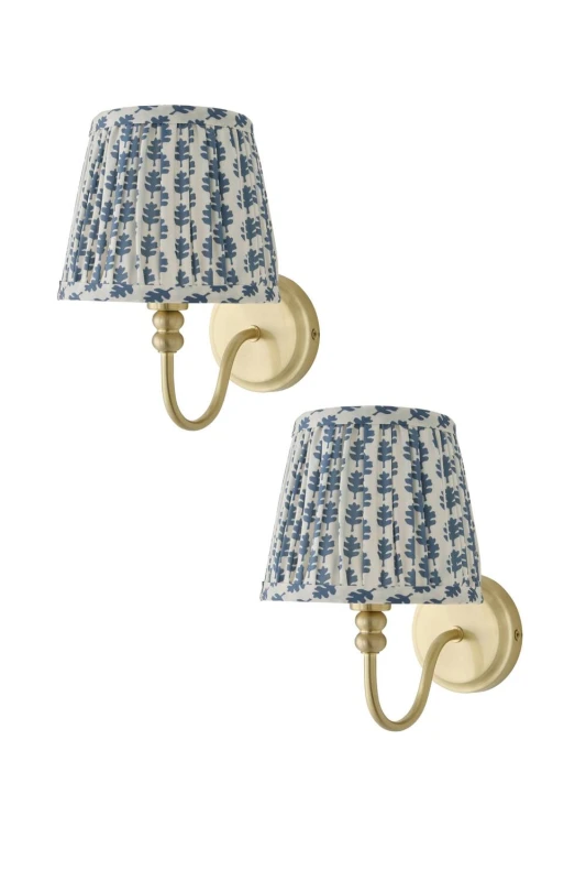 Image of ValueLights Binky Pair of Rechargeable Gold Wall Lights with Floral Pleated Shades in Mid Blue Mid Blue Unisex