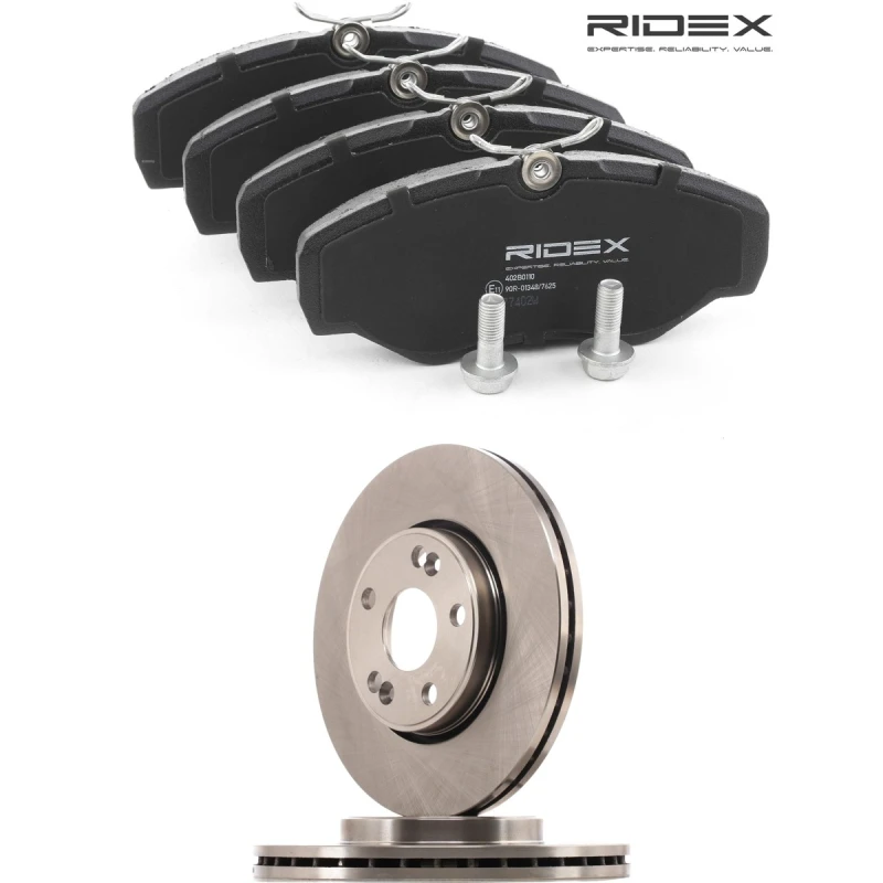 Image of RIDEX 3405B3138 Brake disc and pads set Front Axle, Brake Disc Type: Externally Vented, excl. wear warning contact Brake Set,disc brakes (3405)
