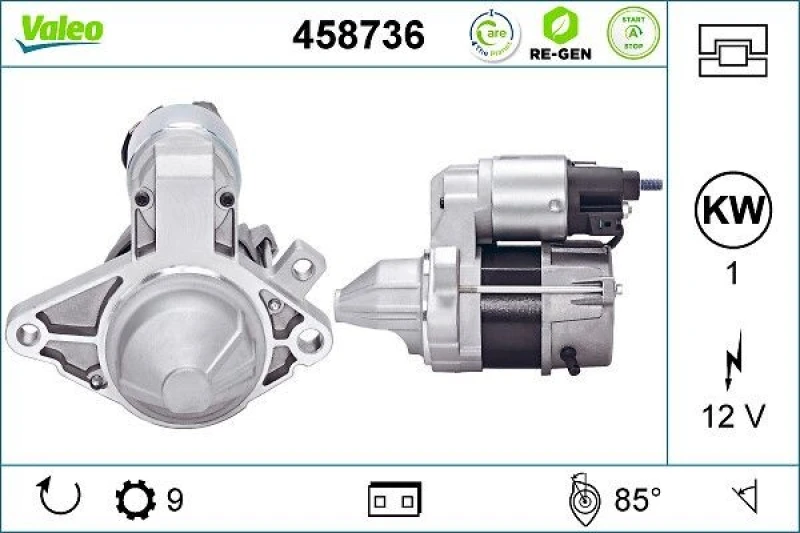 Image of VALEO 458736 Starter motor 1kW, 12V, Number of Teeth: 9 Starter (2)