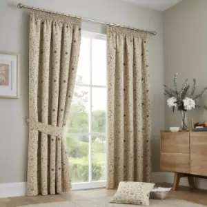 Image of Renata Floral Jacquard Weave Lined Pencil Pleat Curtains, Natural/Red, 66 x 90" - Curtina