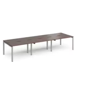 image of Bench Desk 6 Person Rectangular Desks 3600mm Walnut Tops With Silver Frames 1200mm Depth Adapt