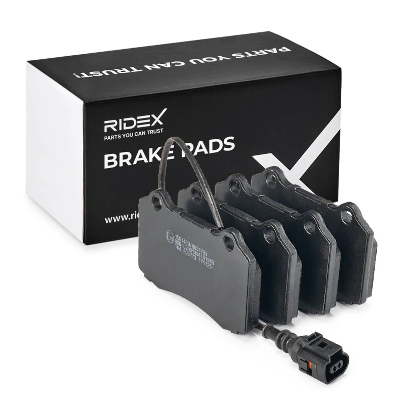 Image of RIDEX 402B0568 Brake pad set Front Axle, with integrated wear sensor, with anti-squeak plate Low-Metallic Brake Pad Set,disc brake (402)