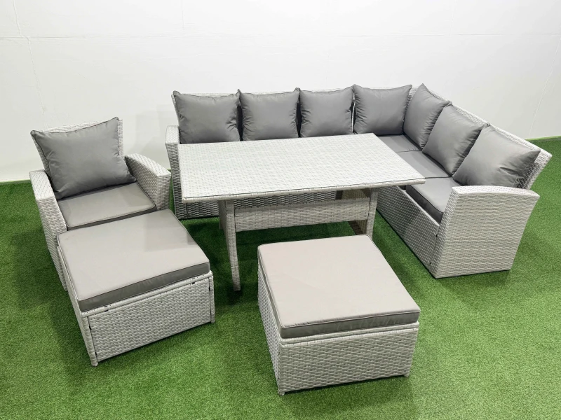 Image of Fimous Rattan Garden Furniture Set Outdoor 9 Seater Dining Corner Sofa Sets in Light Grey Light Grey Unisex