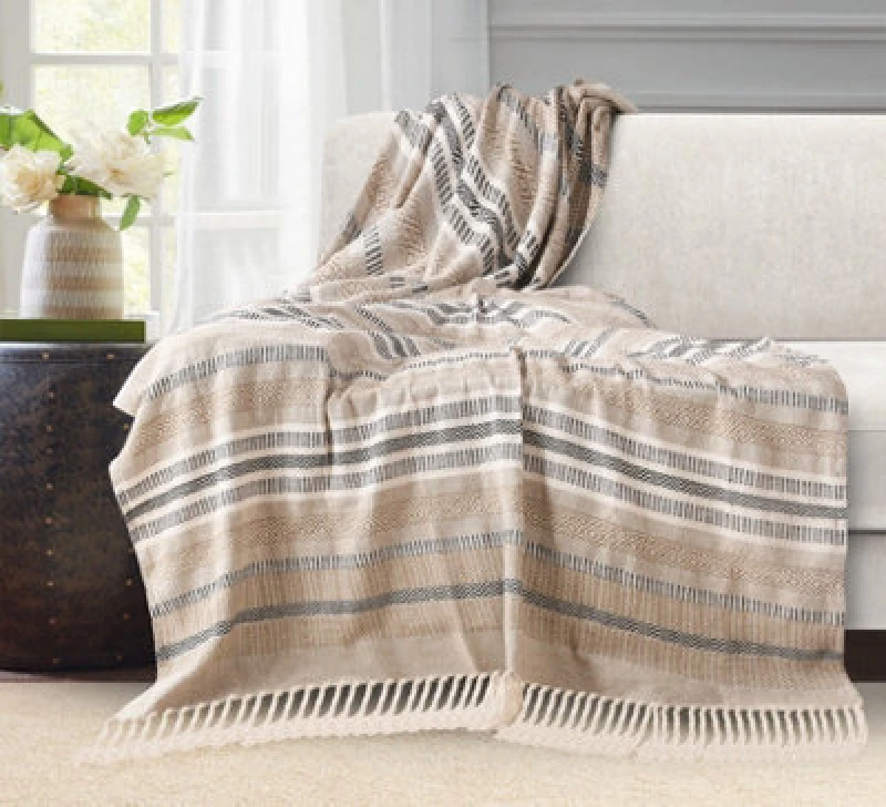 Image of Velosso Zigzag Throw Multicoloured Aztec Design With Tassels, Soft Acrylic Blanket For Bed, Sofa Or Armchair, 70Cm X 100Cm - Beige