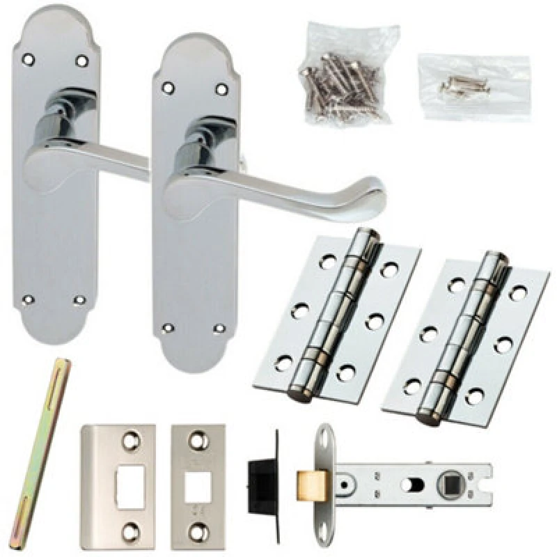Image of Loops Door Handle & Latch Pack Chrome Victorian Scroll Lever Backplate 170 x 42mm Multi