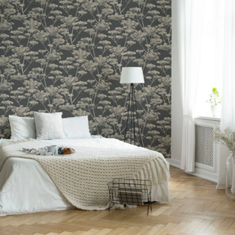 Image of Boutique Serene Seed-Head Black & Gold Floral Wallpaper